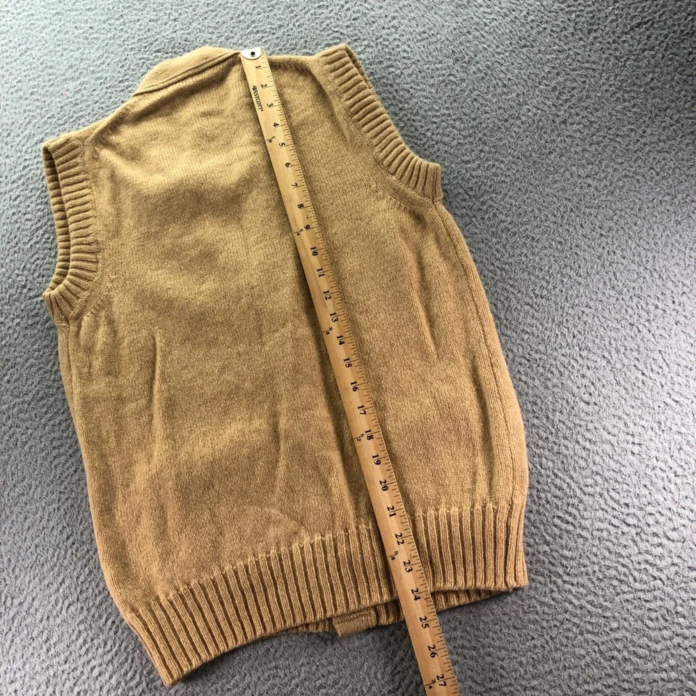 VTG LL Bean Sweater Vest Men Small Virgin Wool Camel Leather Button Cardigan USA